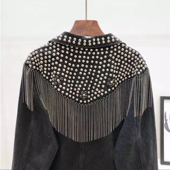 #46 NEW! Black Oversized Studded Chain Fringe Denim Jacket/Coat - Picture 3 of 8